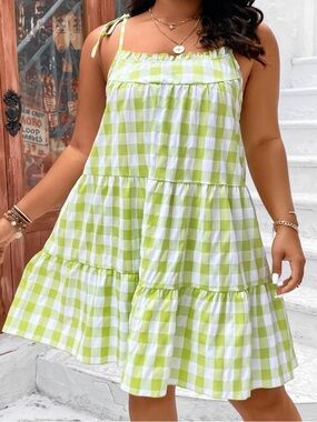 SHEIN SunnyBelle Plus Gingham Print Ruffle Hem Cami Dress PlusSize 1X Lime Green